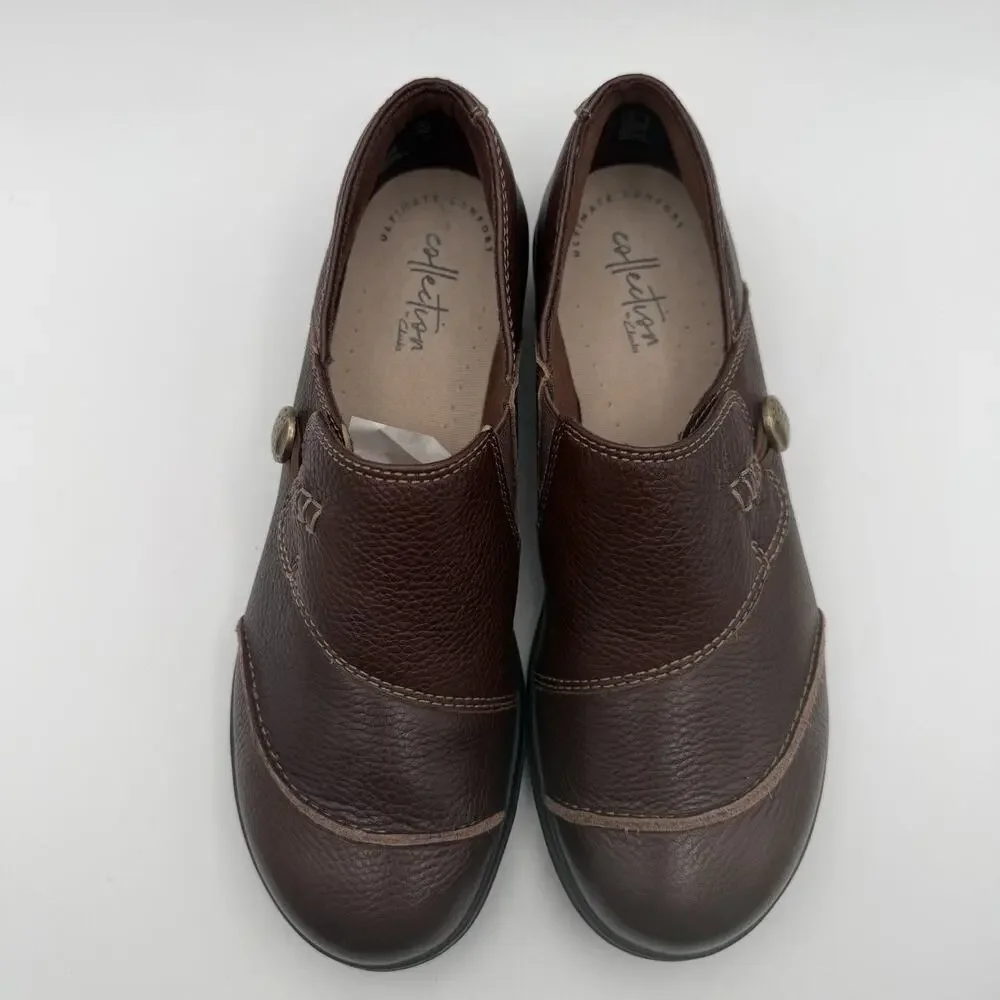 Clarks Cora Poppy‎ Brown Leather Women's Shoes Sz 7 M Button Loop Loafers